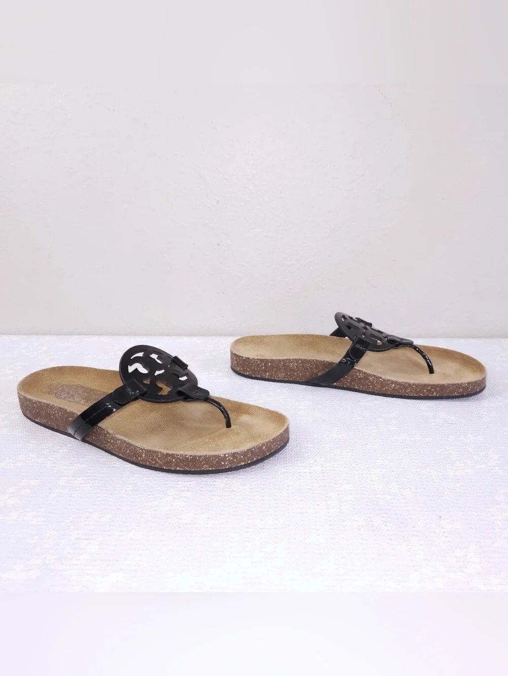 Tory Burch Miller Cloud Sandals US 10 Black Patent Leather Cork Flats